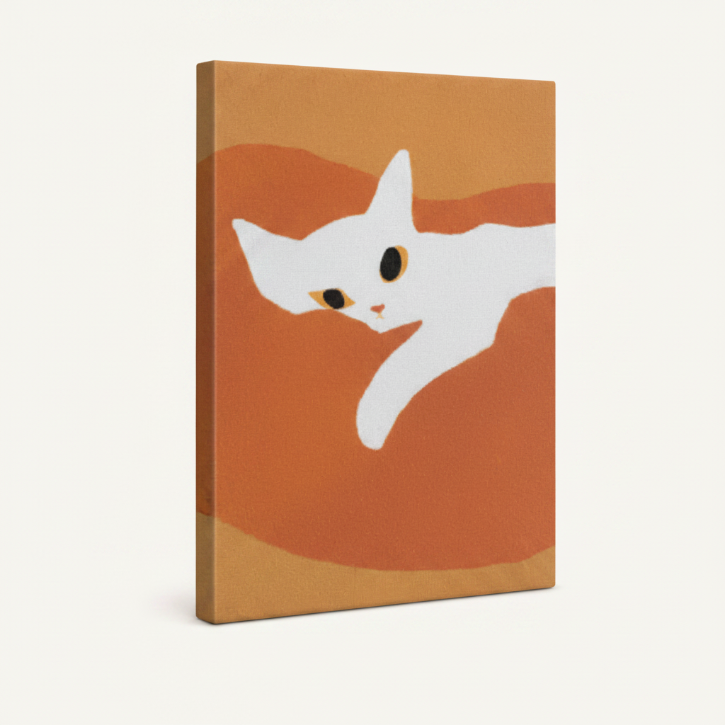Gallery wrap canvas of minimalist white cat lounging on warm orange background at 45-degree angle