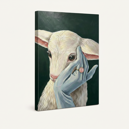  Gallery wrap canvas print of white lamb with blue hand on deep green background, angled view