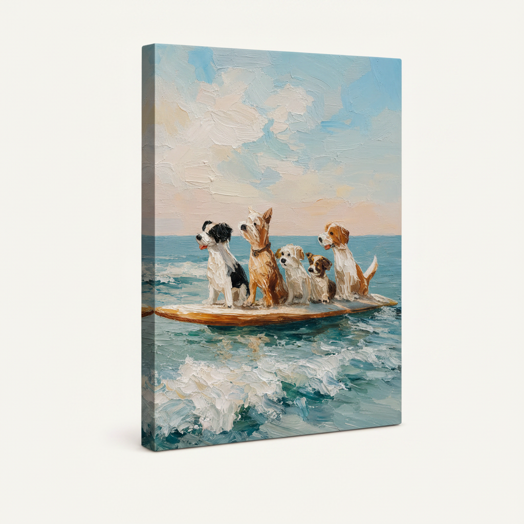  Gallery wrap canvas of five dogs on surfboard, angled product view on white background