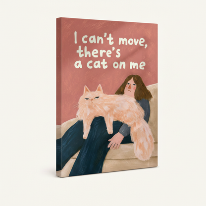 Gallery wrap canvas of funny cat illustration, angled side view showing stretched canvas depth on white background