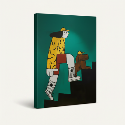 Gallery wrap canvas of pop art figure and shaggy dog on teal background, angled product view on off-white background