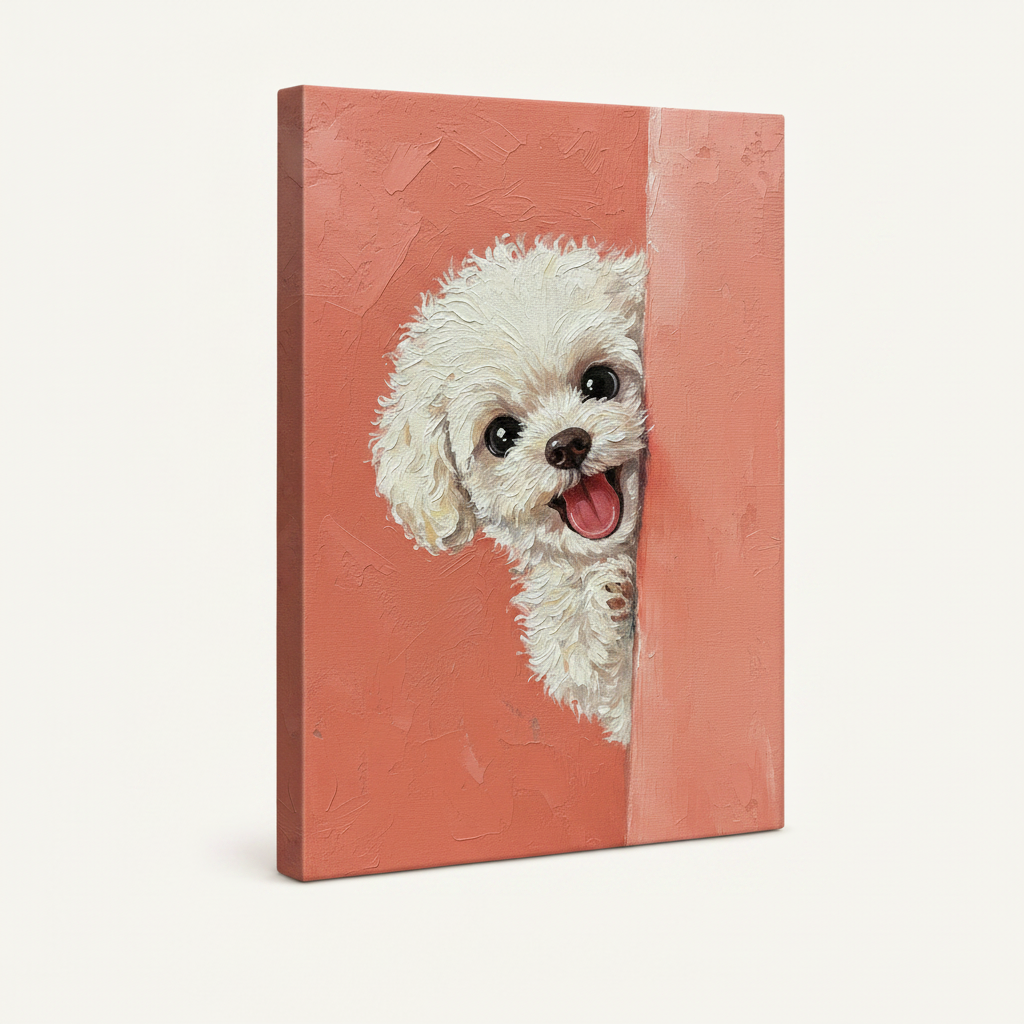 Gallery wrap canvas of white poodle peeking painting, side depth visible on cream background