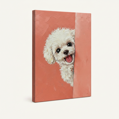 Gallery wrap canvas of white poodle peeking painting, side depth visible on cream background