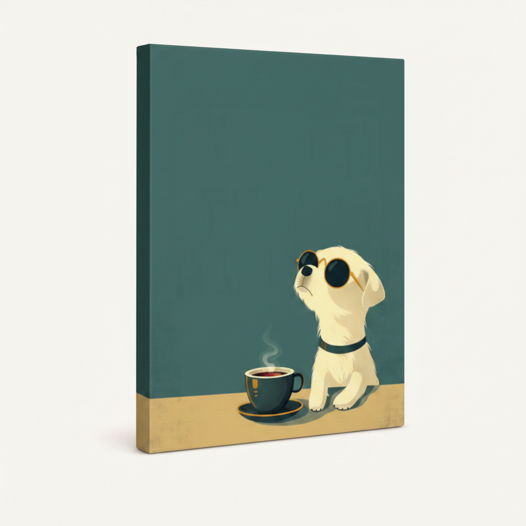  Gallery wrap canvas print of white puppy in sunglasses beside coffee cup, teal background, white product shot