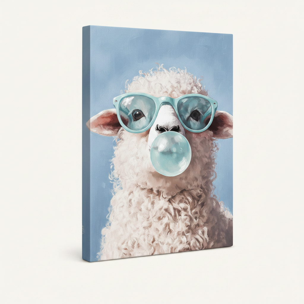 Gallery wrap canvas of fluffy sheep with mint sunglasses and bubble gum, 3/4 angle product view