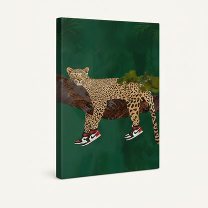 Gallery wrap canvas of a leopard wearing red Jordans on a tree branch, angled product view