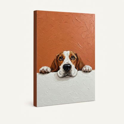  Gallery wrap canvas print of beagle peeking over ledge, terracotta background, white product shot