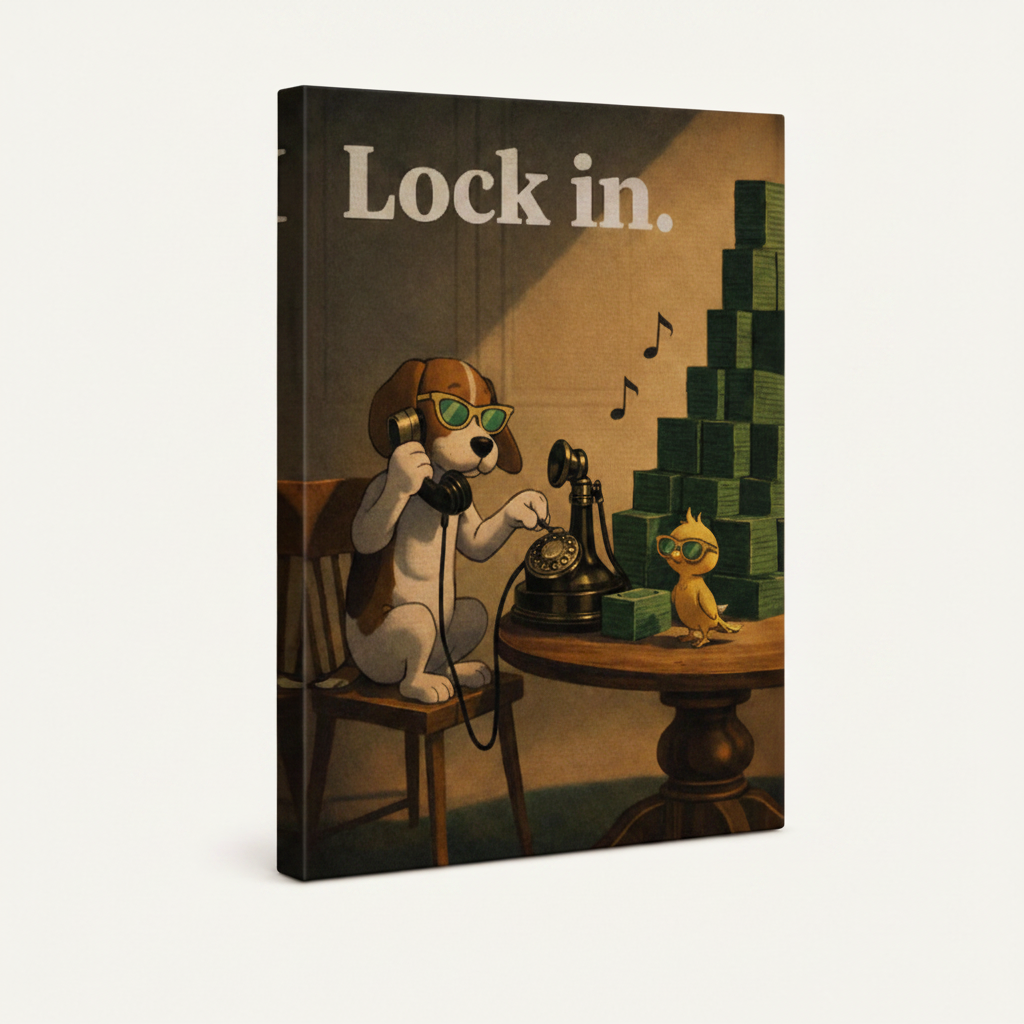 Gallery wrap canvas of beagle in aviators on rotary phone with cash stacks, angled product view