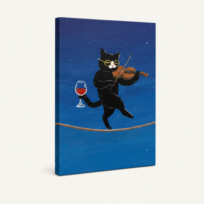 Gallery wrap canvas print of black cat playing violin on tightrope under cobalt blue starry sky