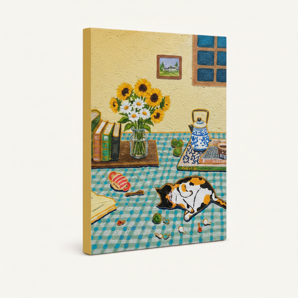  Gallery wrap canvas print of calico cat on checkered tablecloth with sunflowers, white background