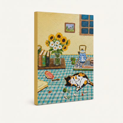  Gallery wrap canvas print of calico cat on checkered tablecloth with sunflowers, white background