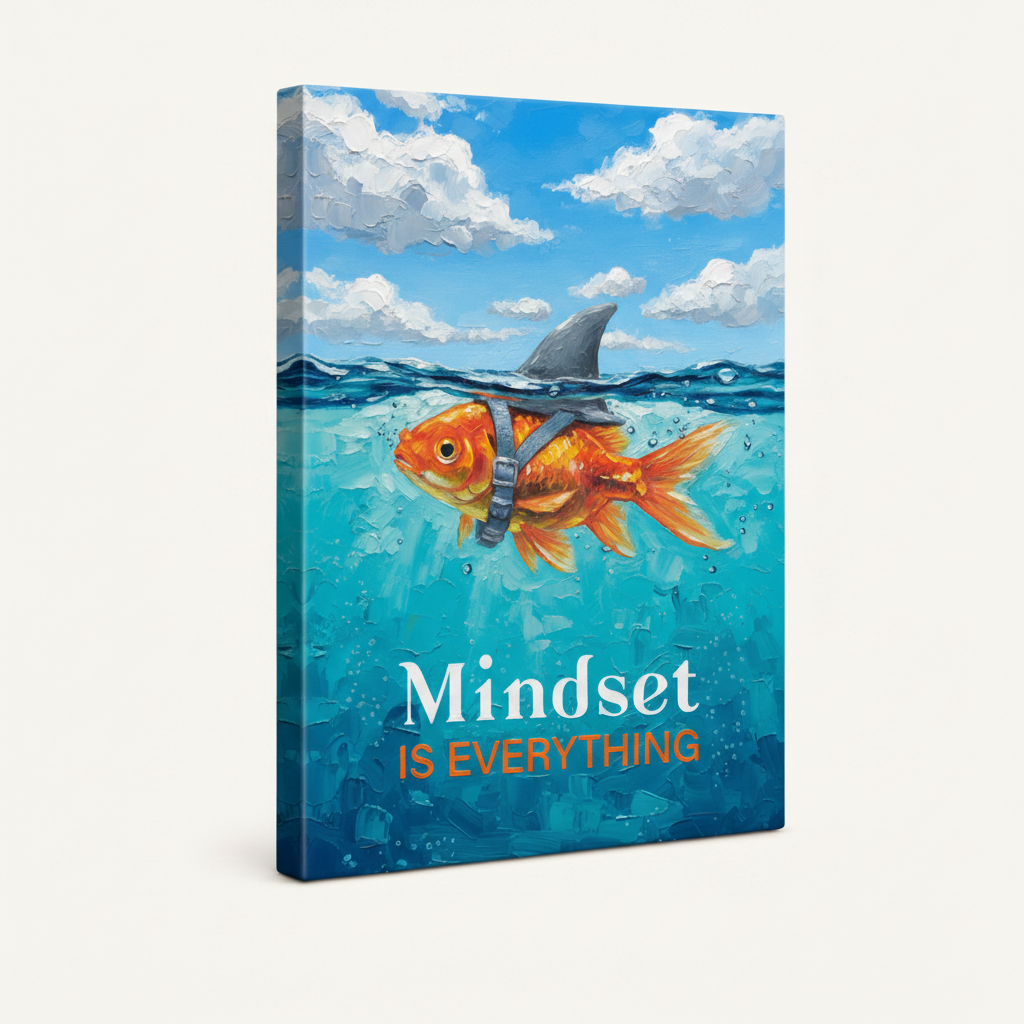Gallery wrap canvas print of goldfish with shark fin and "Mindset Is Everything" text, portrait view
