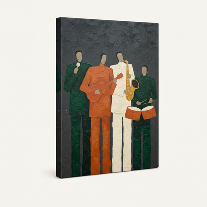 Gallery wrap canvas of abstract jazz musicians in green orange and white at 45-degree angle
