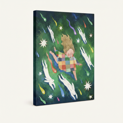 Gallery wrap canvas of dreamy girl lying in grass with leaping white rabbits and colorful stars