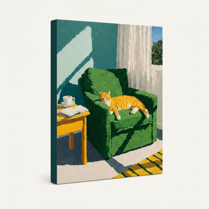  Gallery wrap stretched canvas print featuring ginger cat painting, white background product shot
