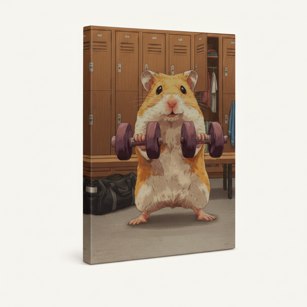  Stretched canvas wrap of gym hamster illustration, angled view with solid color edges