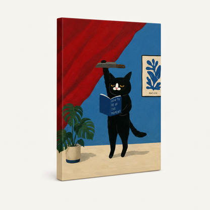 Gallery wrap canvas print of grumpy black cat with knife and book, angled product view on white background