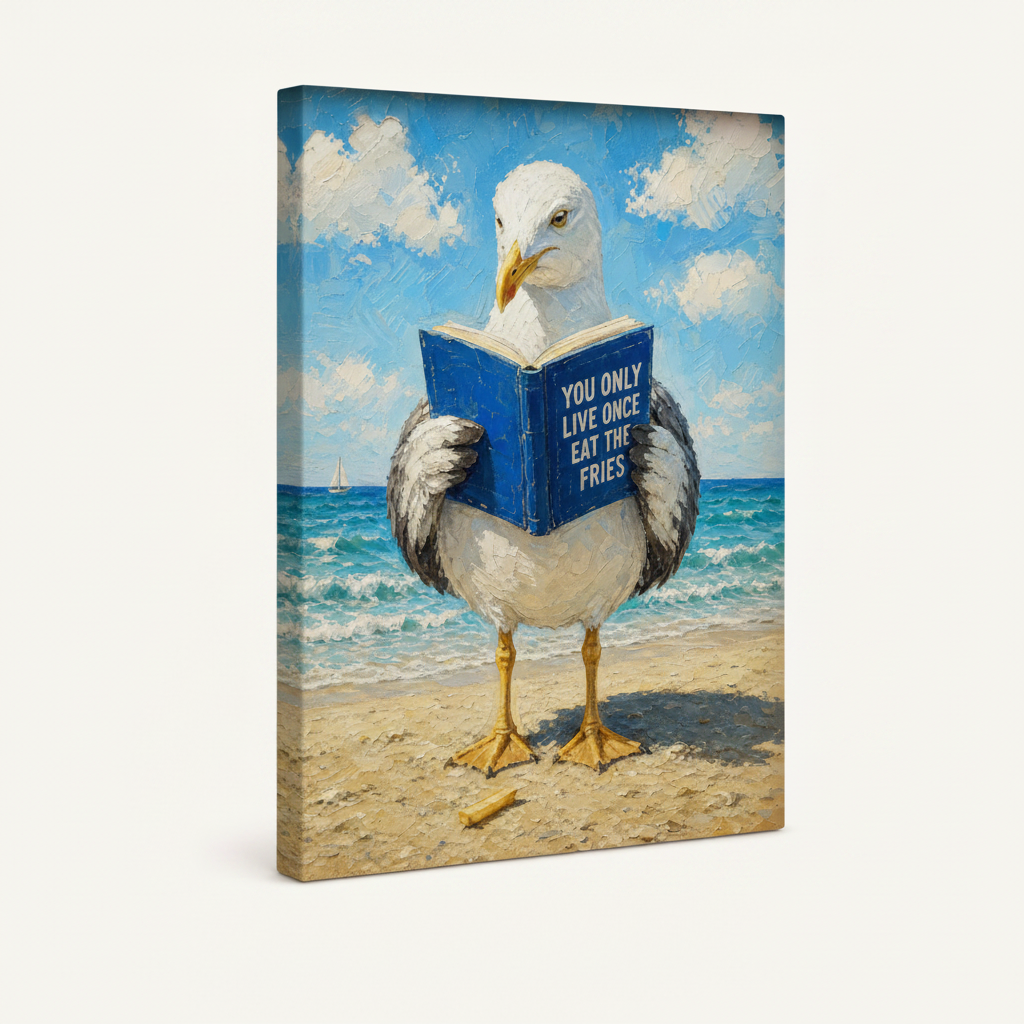 Whimsical seagull canvas art in gallery wrap style, angled view showing wrapped edges and depth