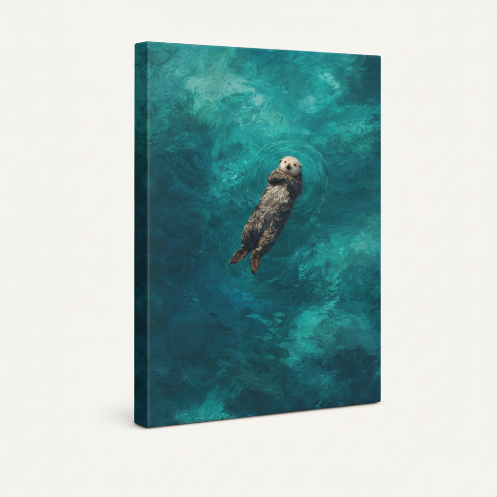 Gallery wrap canvas of sea otter floating in teal water, angled side view showing wrapped edges