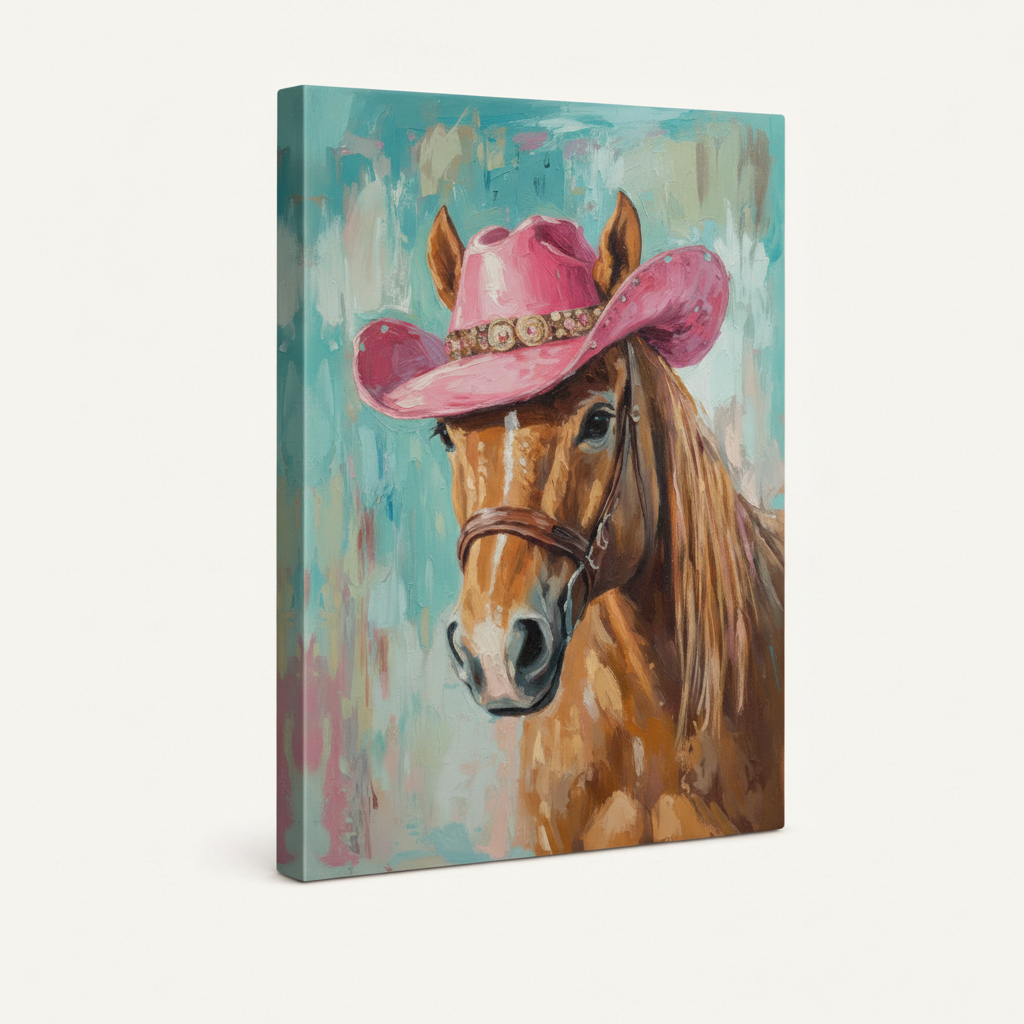  Gallery wrap canvas of golden horse in pink rhinestone cowboy hat, angled product view on off-white background