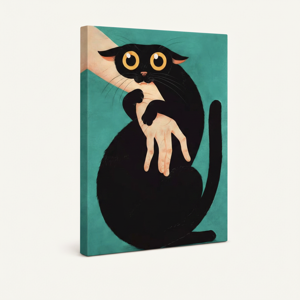 Gallery wrap canvas print of startled black cat being scruffed, teal background, white product shot