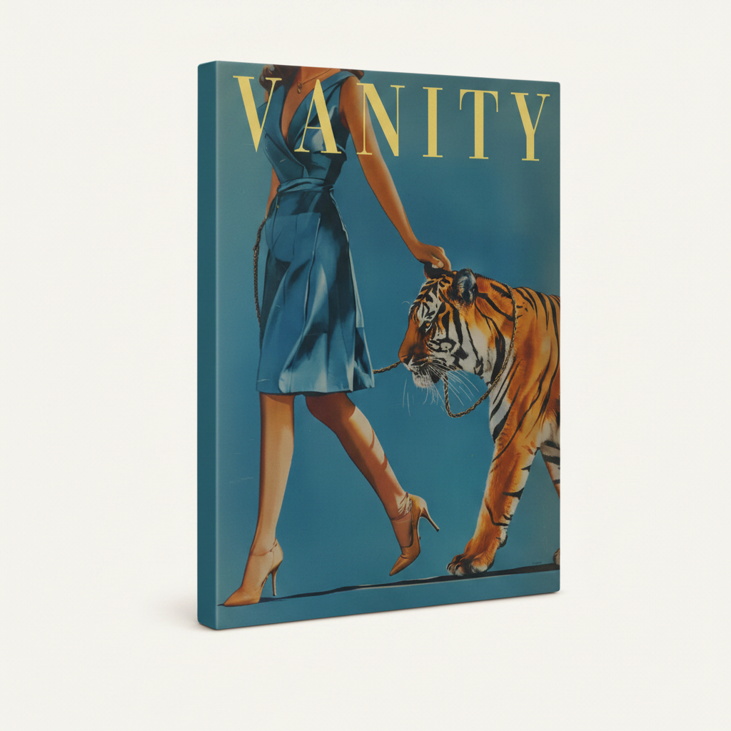Stretched canvas gallery wrap of Vanity tiger walk vintage fashion art, side view on white background