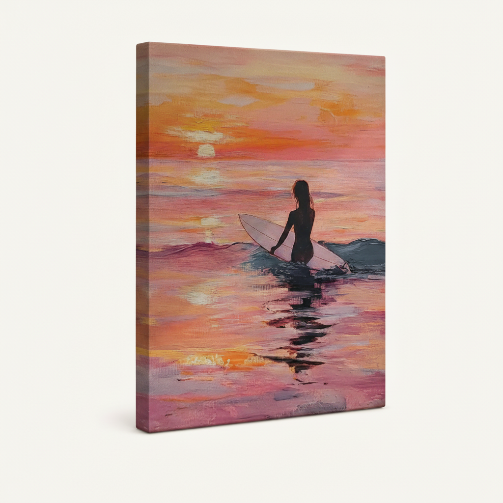Gallery wrap canvas of surfer girl at sunset, angled product view on white background