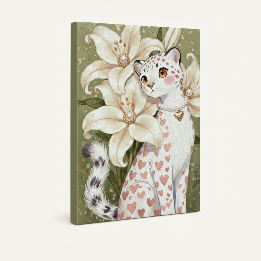 Gallery wrap canvas of whimsical snow leopard with pink hearts and cream lilies, angled side view