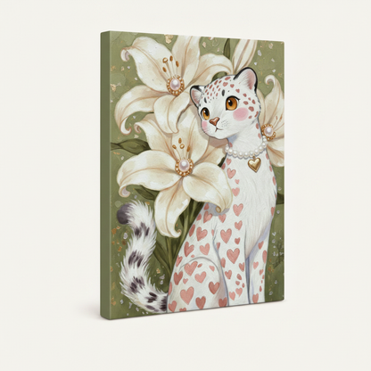 Gallery wrap canvas of whimsical snow leopard with pink hearts and cream lilies, angled side view