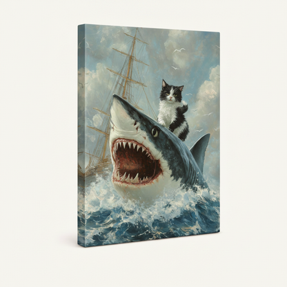 Gallery wrap canvas of cat riding great white shark in stormy sea, classical oil painting style, angled view