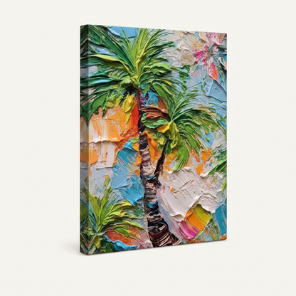 Stretched canvas tropical palm tree painting shown at angle on white background