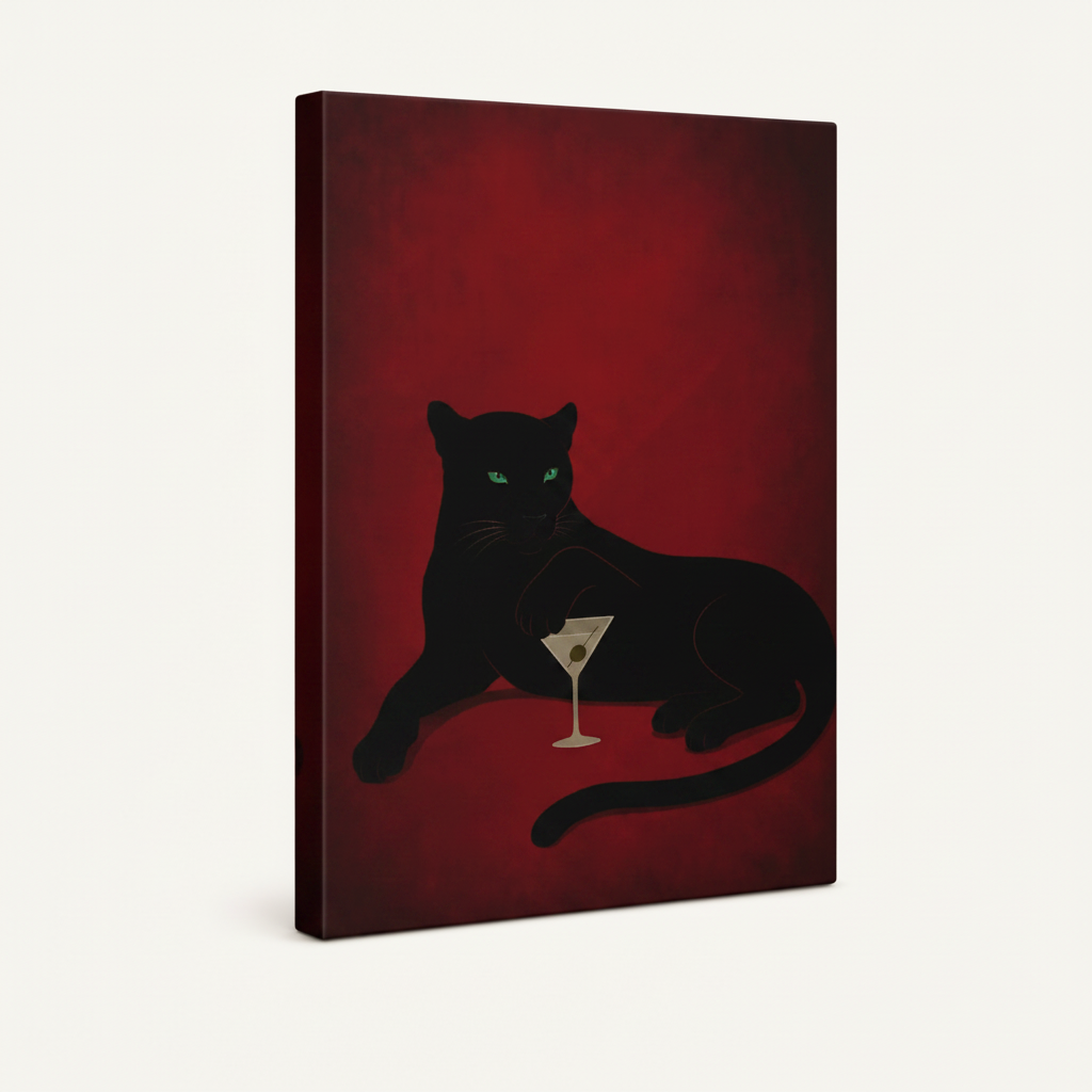 Black panther martini stretched canvas print angled view showing deep crimson background and canvas wrap edges