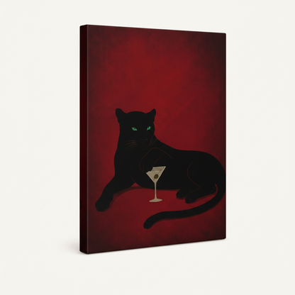 Black panther martini stretched canvas print angled view showing deep crimson background and canvas wrap edges