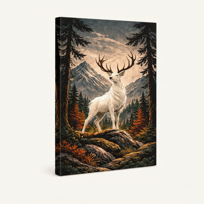 Fantasy white stag forest stretched canvas print – unframed wildlife painting with mystical white deer and glowing antlers in pine woodland by Aurewall