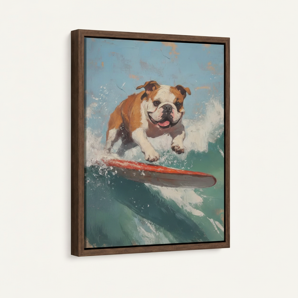 Framed canvas wall art of English Bulldog surfing a wave, dark walnut float frame, 3/4 angle view