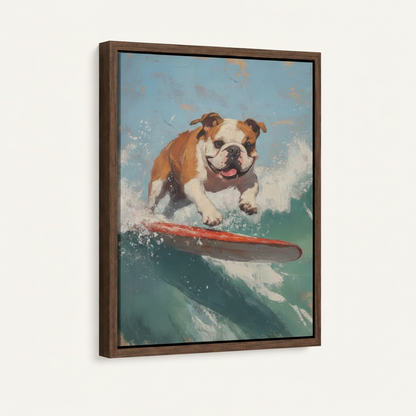 Framed canvas wall art of English Bulldog surfing a wave, dark walnut float frame, 3/4 angle view