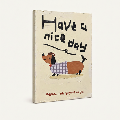 Gallery wrapped canvas of dachshund in plaid jacket, cream painted sides, angled product view on off-white background