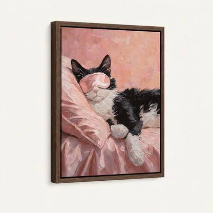 Sleeping cat impasto canvas in dark walnut float frame at 3/4 angle on white background
