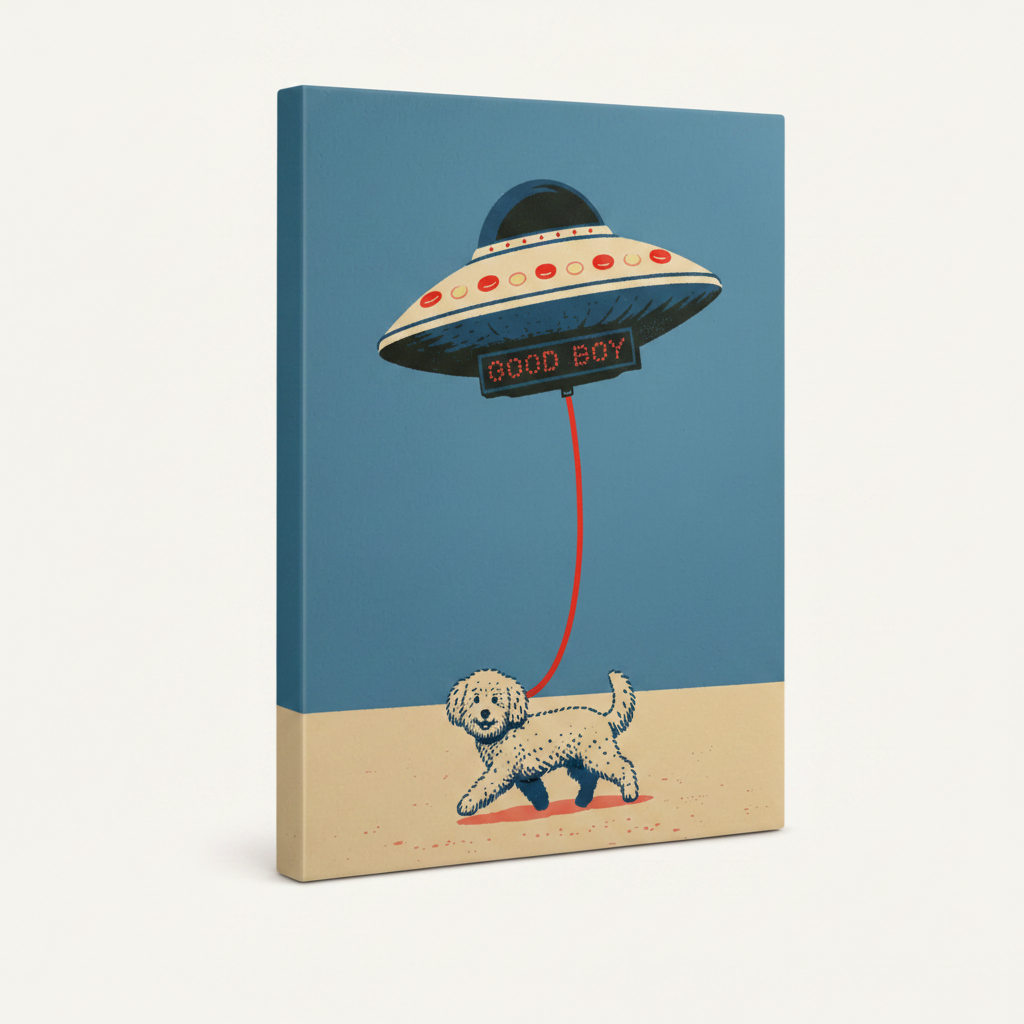 Gallery wrapped canvas print side view showing UFO dog illustration on off-white background