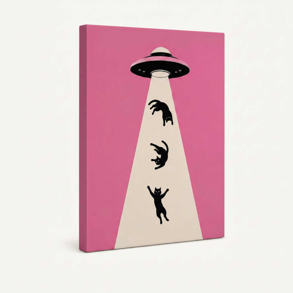 Gallery wrapped canvas of UFO beaming up black cats, vivid pink painted sides, angled product view on off-white background