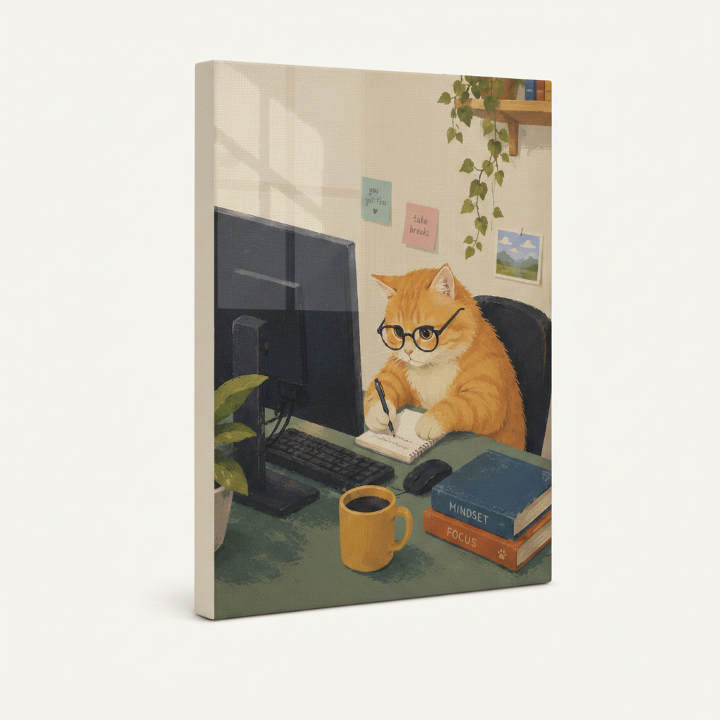 Gallery wrap canvas of orange cat with glasses at desk, 3/4 angle product view on white