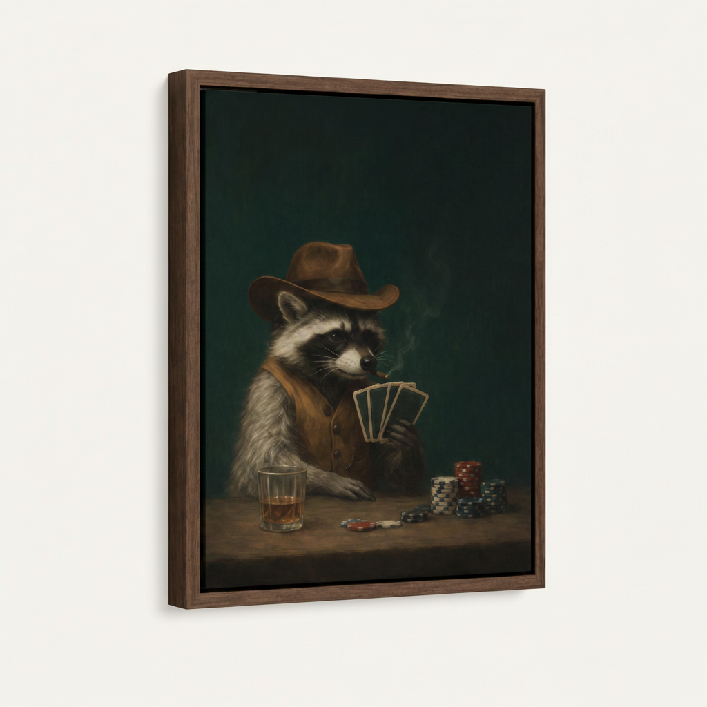 Raccoon playing poker framed canvas in dark walnut float frame at 3/4 angle on white background