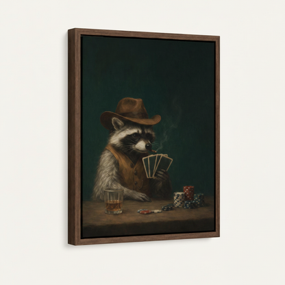 Raccoon playing poker framed canvas in dark walnut float frame at 3/4 angle on white background