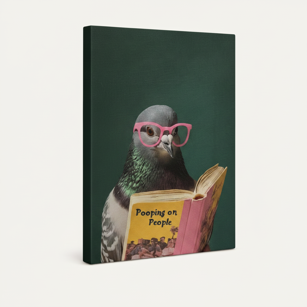 Stretched canvas wall art of a quirky pigeon in pink glasses holding a book – humorous teal bird print