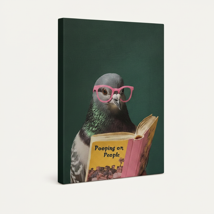 Stretched canvas wall art of a quirky pigeon in pink glasses holding a book – humorous teal bird print