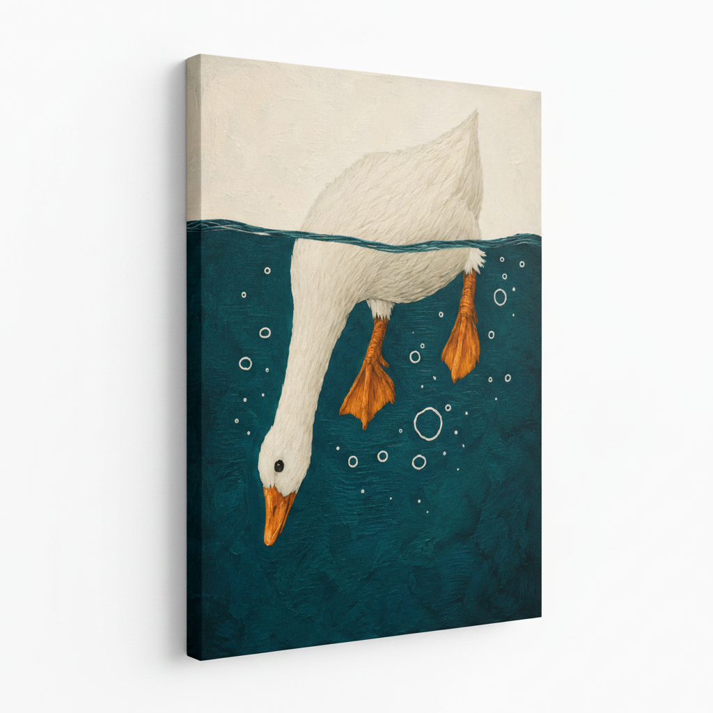 Diving goose gallery wrap canvas print shown at angle on white background, no frame
