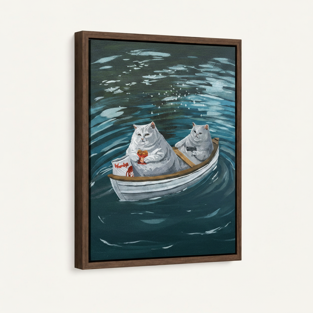 Fat cats in rowboat funny wall art in dark walnut float frame, angled product view on white background