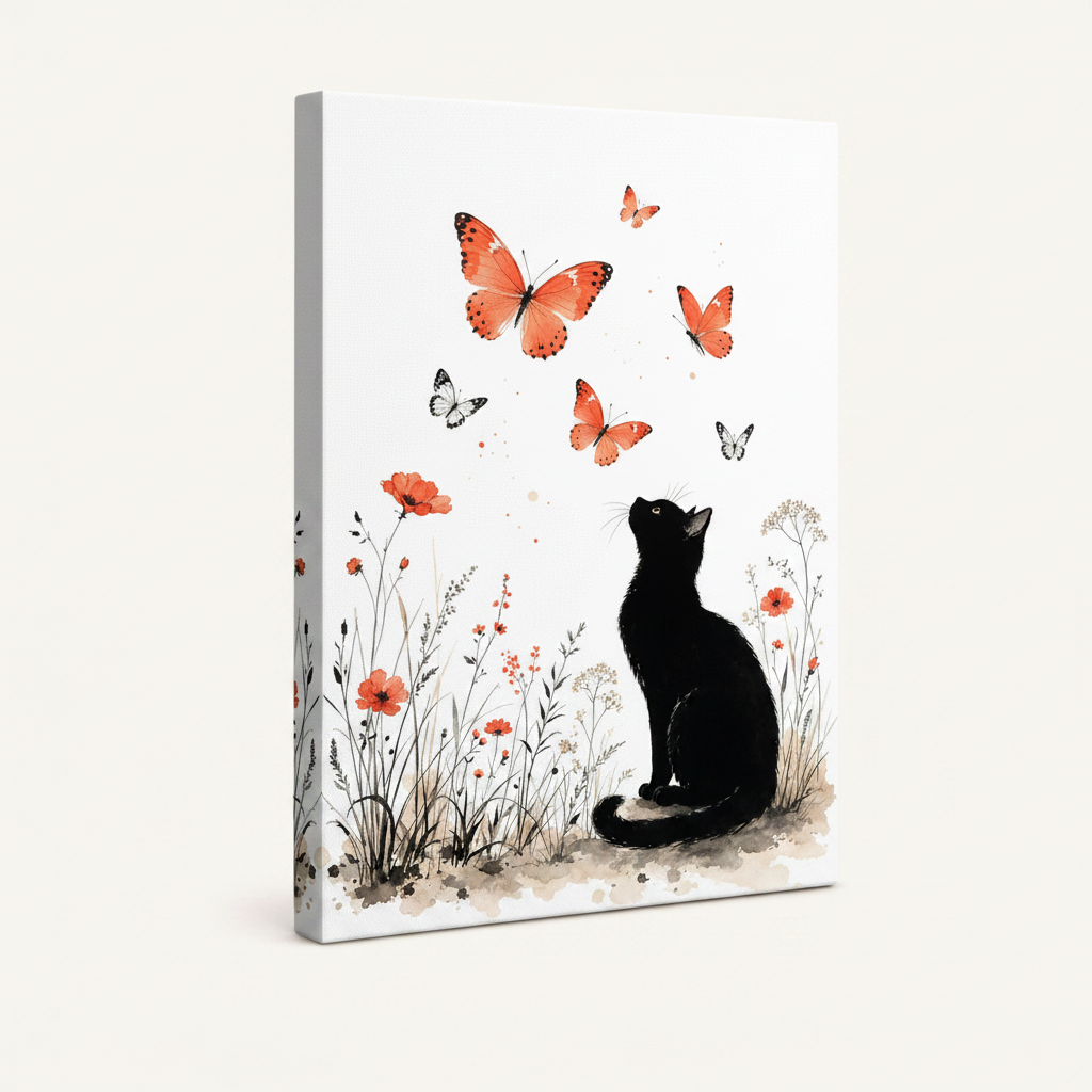 Botanical black cat butterfly stretched canvas print – unframed Japanese-style illustration with black cat gazing at butterflies in wildflower garden by Aurewall