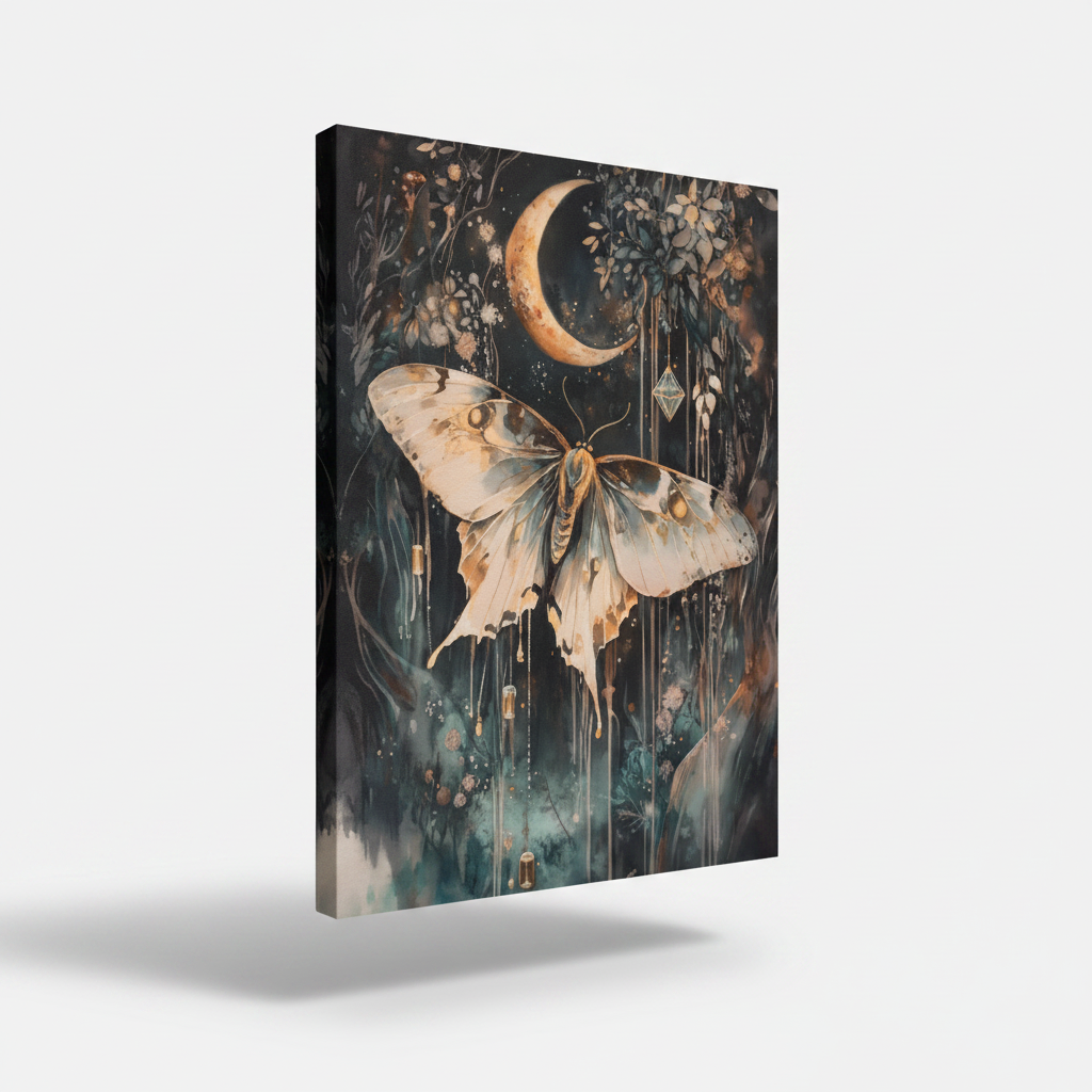 Mystical luna moth stretched canvas print – dark boho nature wall art with white moth wings and forest botanicals by Aurewall