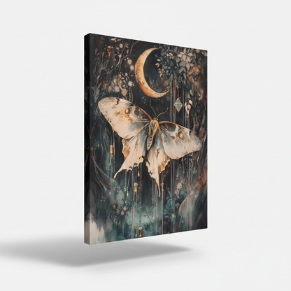 Mystical luna moth stretched canvas print – dark boho nature wall art with white moth wings and forest botanicals by Aurewall